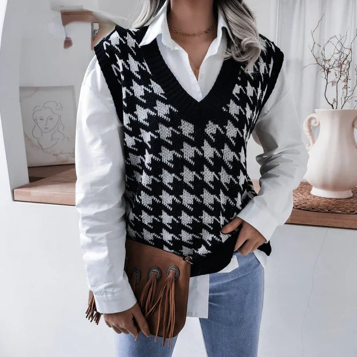 Women's Houndstooth Knit Sweater Vest V-Neck Sleeveless Pullover