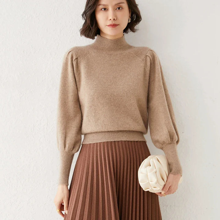 Women's Merino Wool Mock Neck Long Sleeve Knit Pullover Jumper