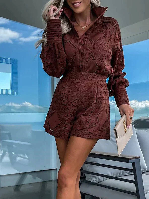 Women's Crochet Lace 2-Piece Set Long Sleeve Shirt and Shorts