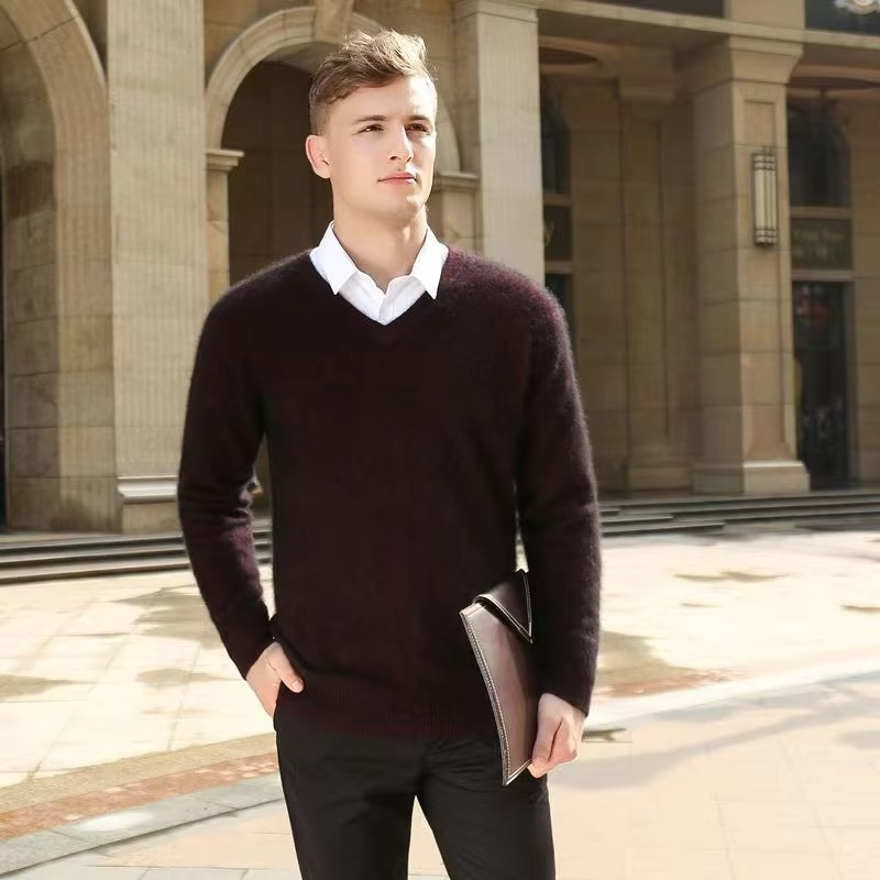Men's V-Neck Merino Wool Sweater Pullover Knit Jumper Top