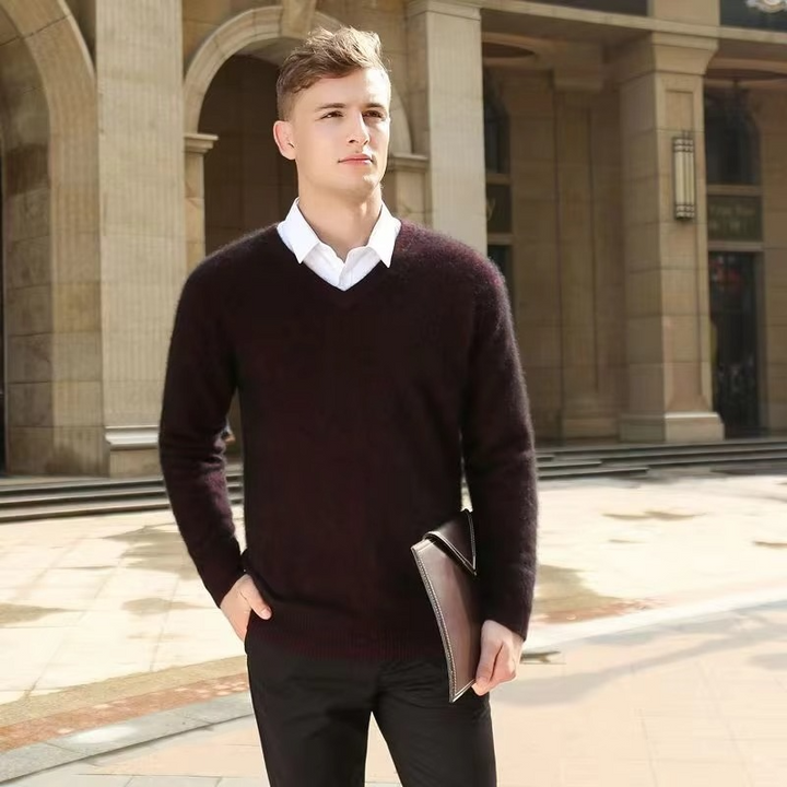 Men's V-Neck Merino Wool Sweater Pullover Knit Jumper Top