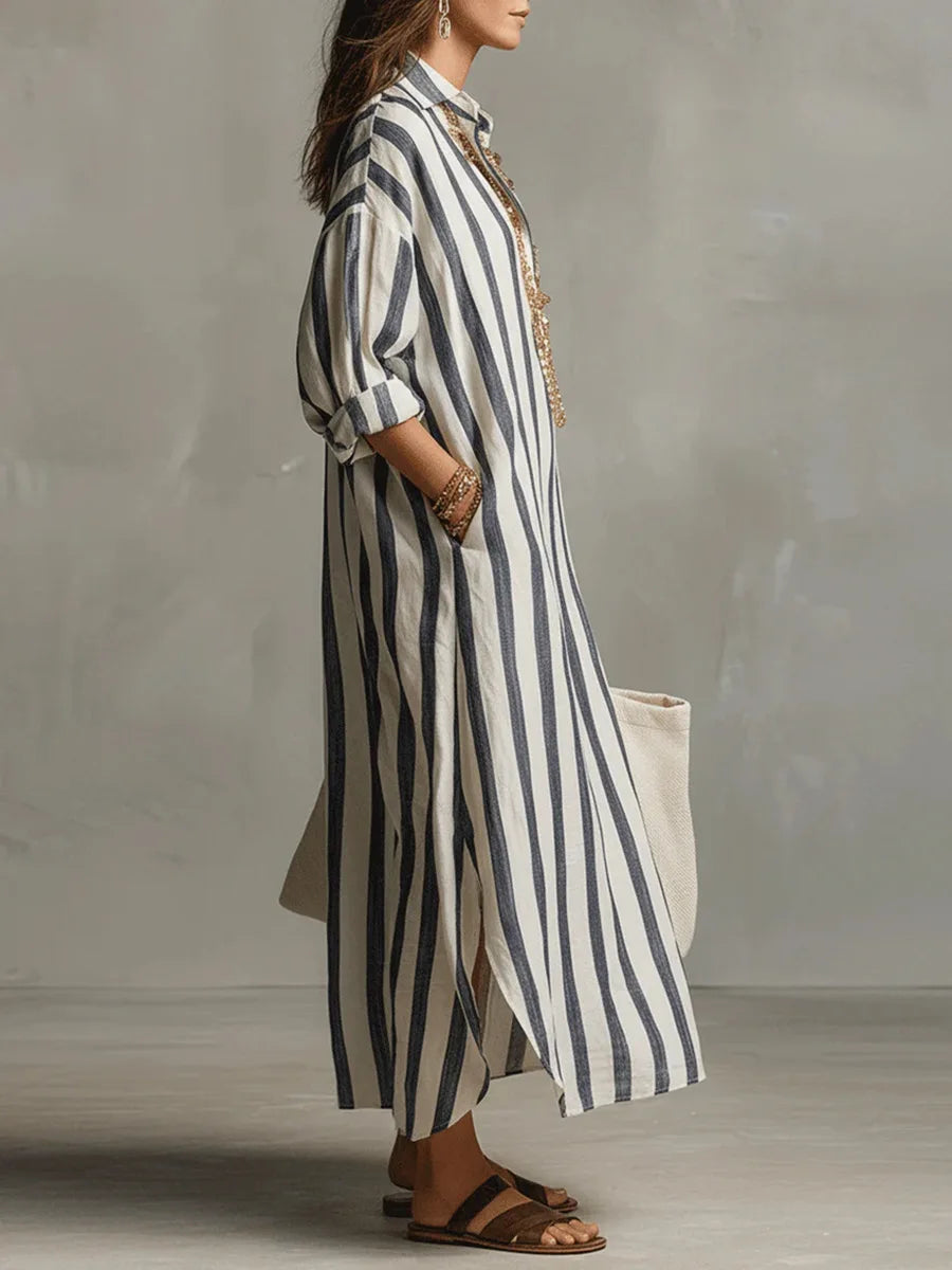 Women's Striped Linen Maxi Shirt Dress