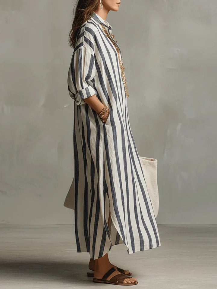 Women's Striped Linen Maxi Shirt Dress