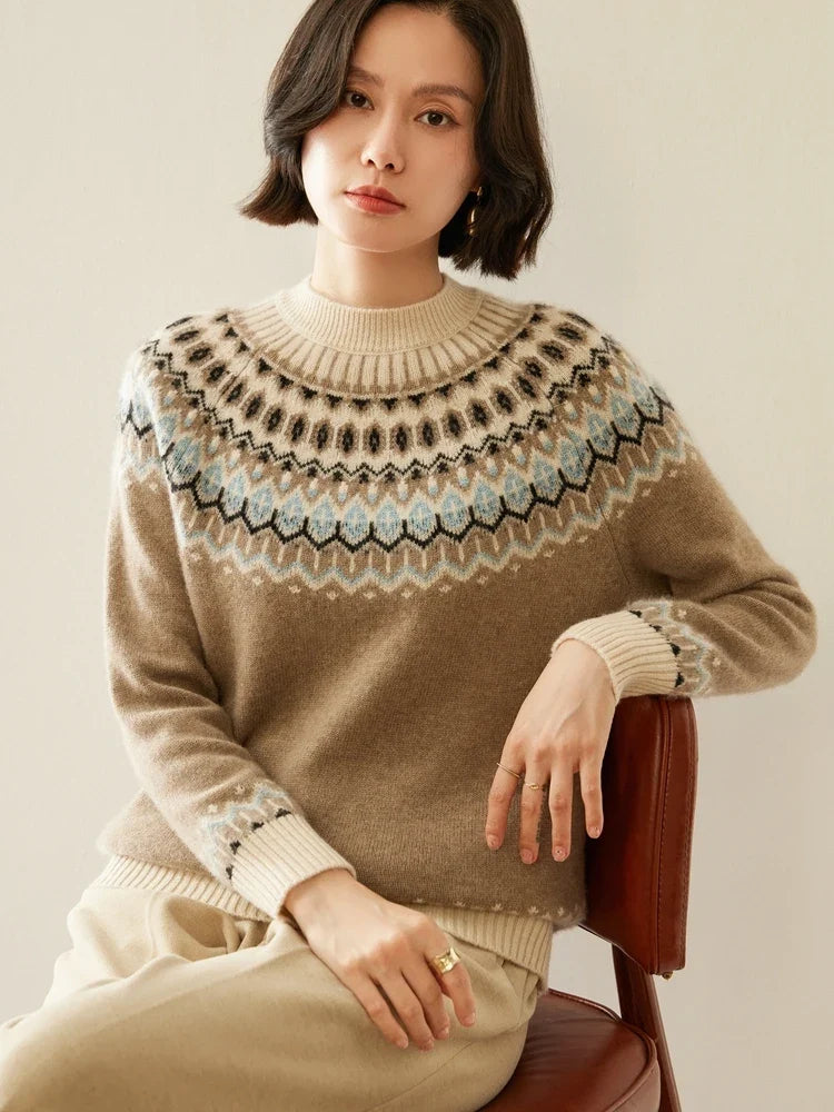 Women's Wool Knit Sweater Pullover Crewneck Fair Isle Knitwear