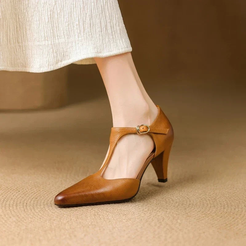 Women's Leather T-Strap High Heels Pointed Toe Pumps Shoes