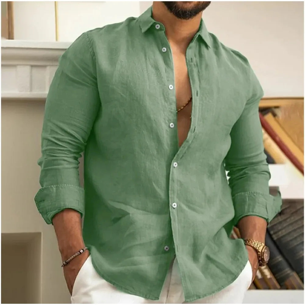 Men's Linen Blend Long Sleeve Casual Button Down Shirt