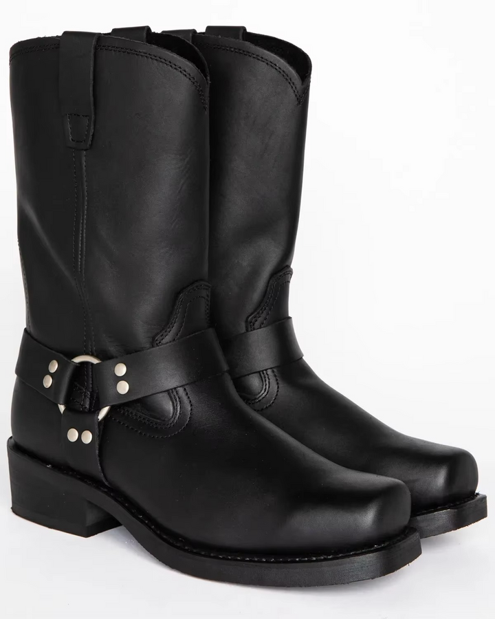 Men's Leather Harness Boots Mid Calf Motorcycle Biker Shoes