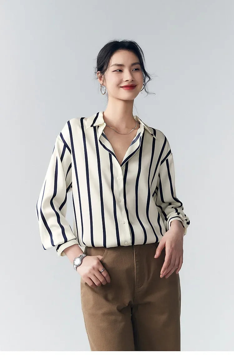 Women's Striped Long Sleeve Linen Shirt Button Up Blouse Tops
