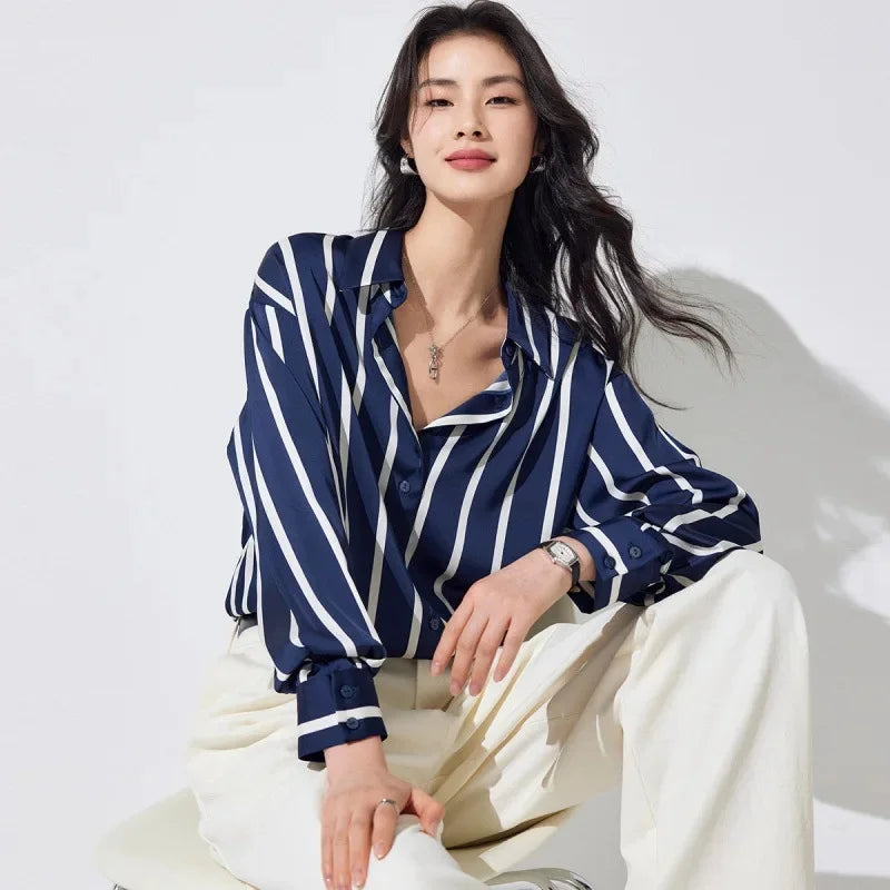 Women's Striped Long Sleeve Linen Shirt Button Up Blouse Tops
