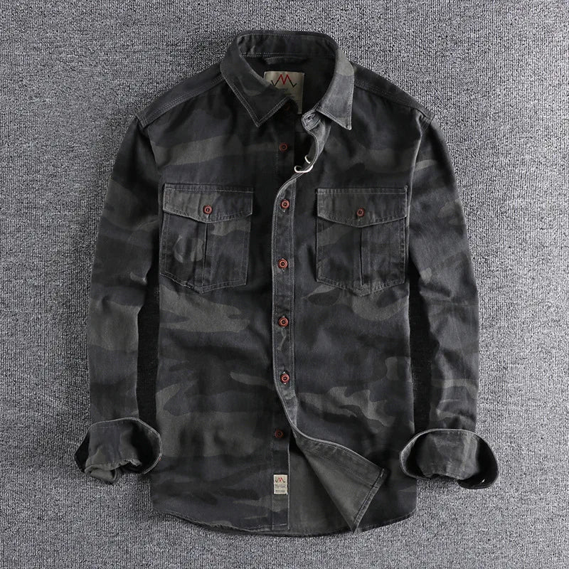 Men's Camo Overshirt Military Casual Long Sleeve Cargo Jacket