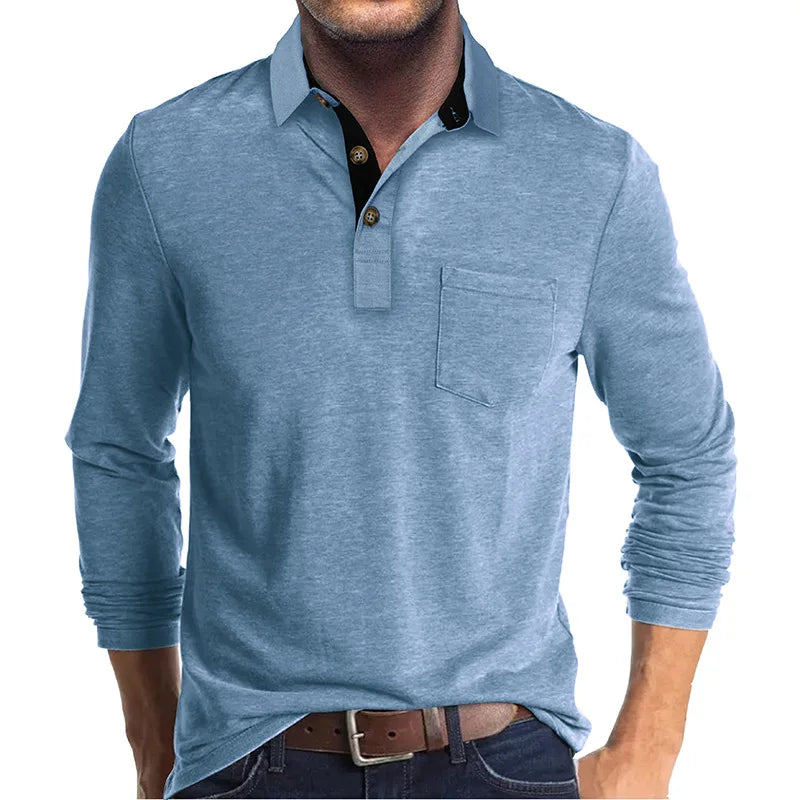 Men's Knit Long Sleeve Polo Shirt Pullover Top