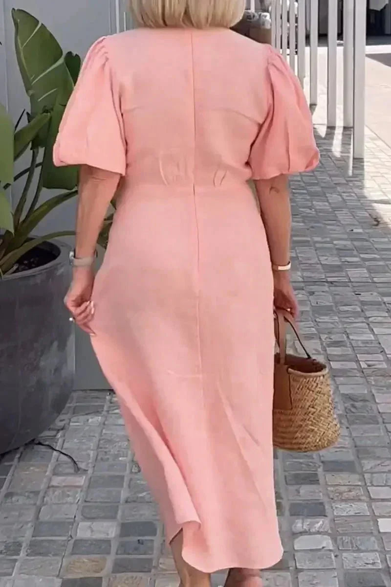 Women's Linen Wrap Midi Dress Short Puff Sleeve V Neck Tie