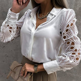 Women’s Silk Button Down Shirt Long Sleeve Cutout Mesh Blouse