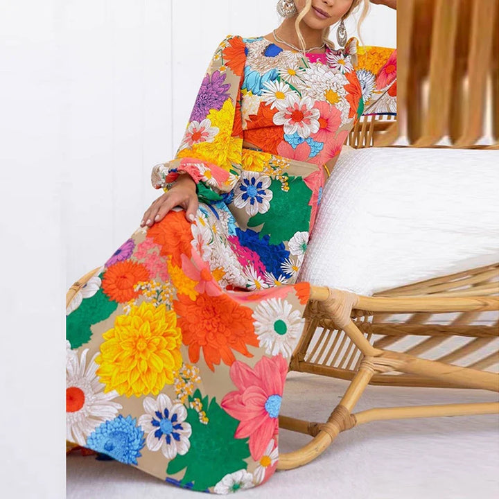 Women Linen Floral A-Line Long Sleeve Maxi Dress