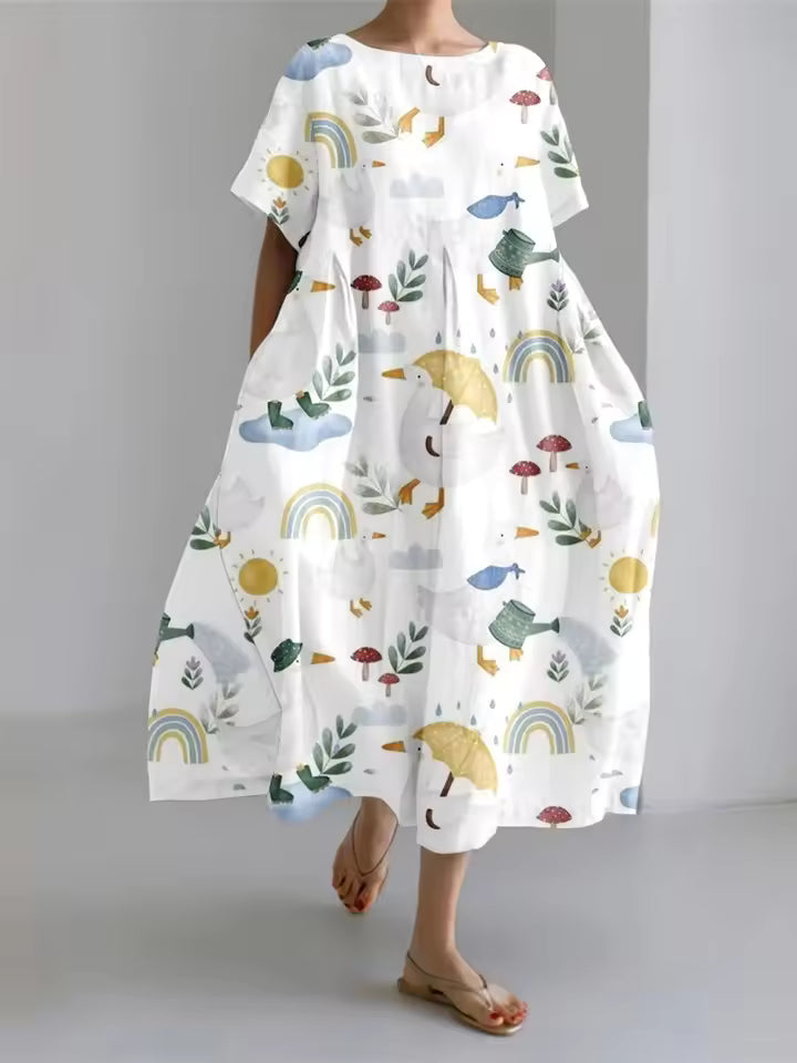 Women's Loose Linen Maxi Dress Short Sleeve Oversized Kaftan