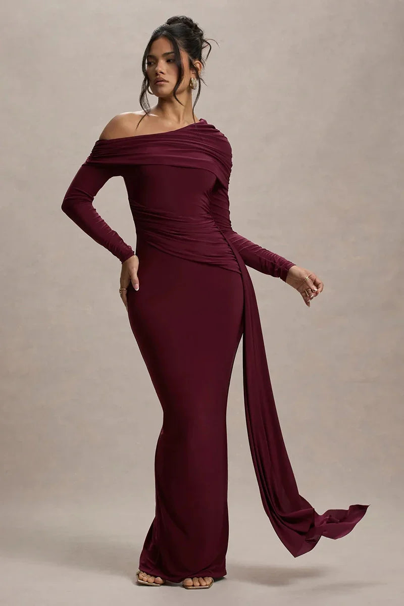Women Knit Blend Off Shoulder Ruched Asymmetric Evening Maxi Dress