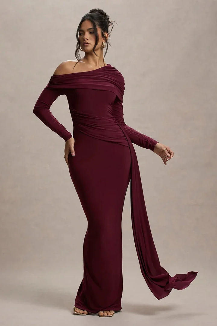 Women Knit Blend Off Shoulder Ruched Asymmetric Evening Maxi Dress