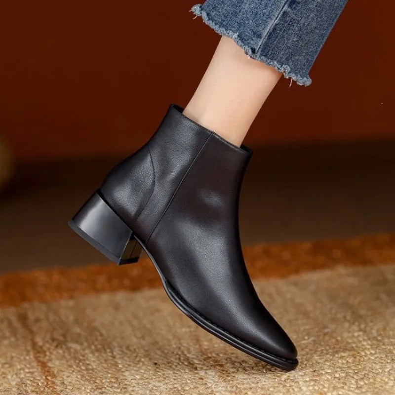 Women's Leather Block Heel Almond Toe Dress Ankle Boots