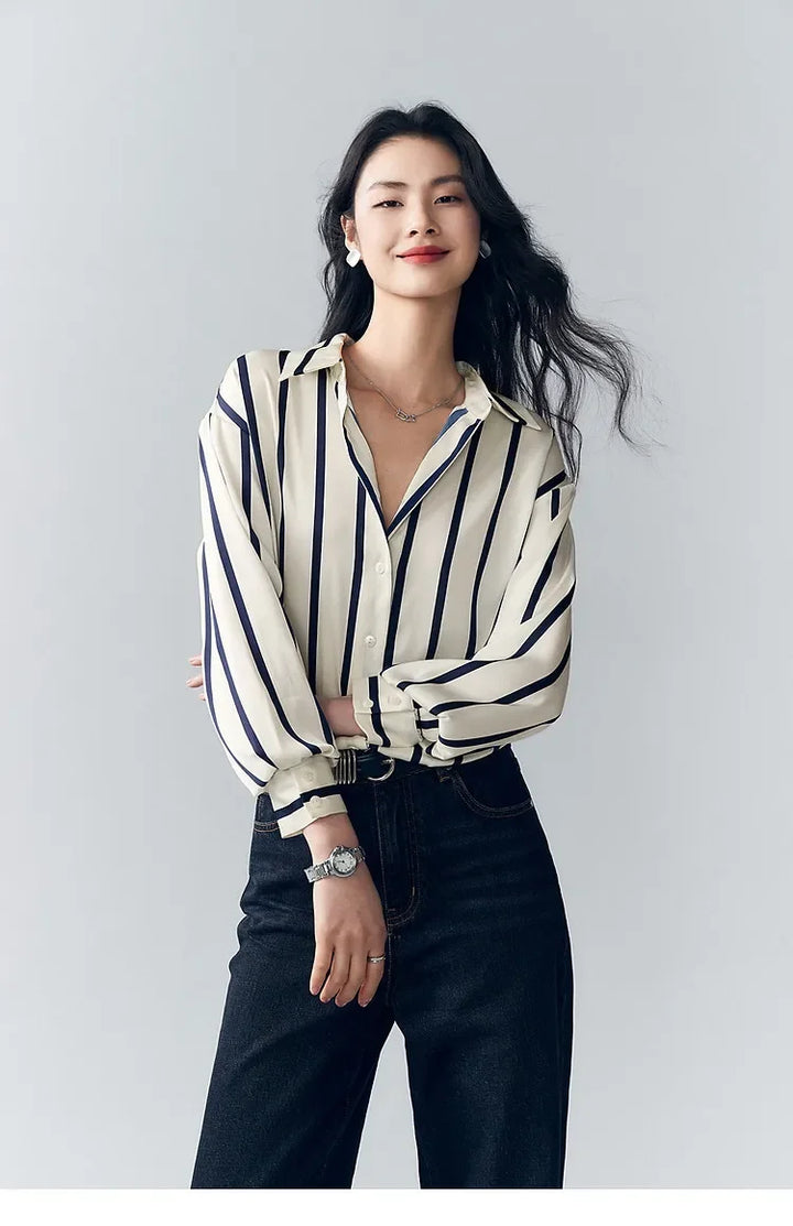 Women's Striped Long Sleeve Linen Shirt Button Up Blouse Tops