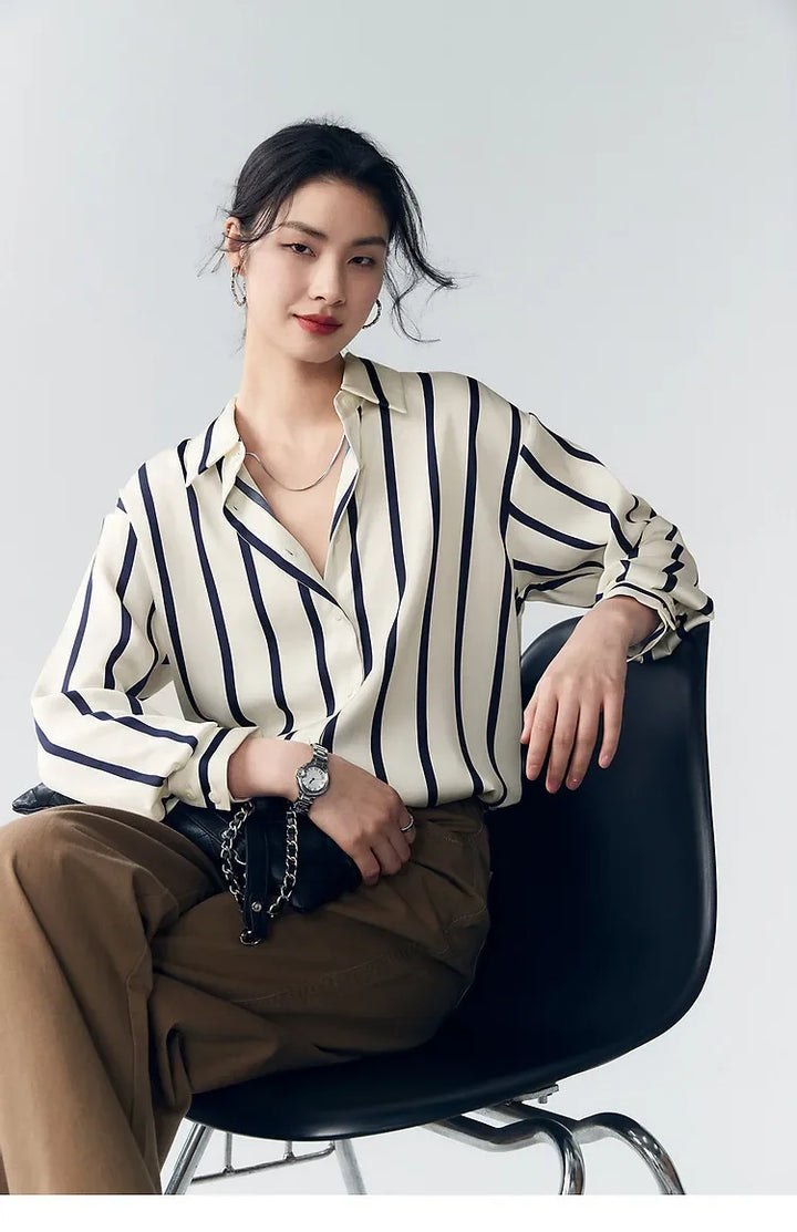 Women's Striped Long Sleeve Linen Shirt Button Up Blouse Tops