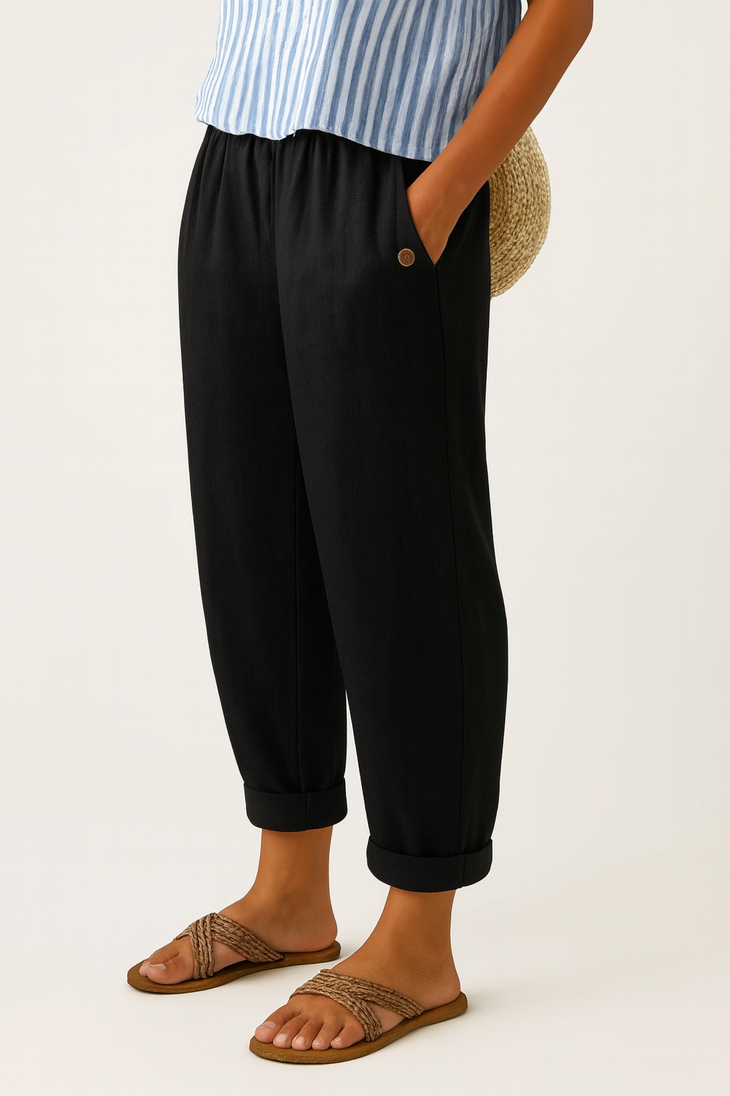 Women's Linen Trousers Loose Fit Casual Pants Elastic Waistband