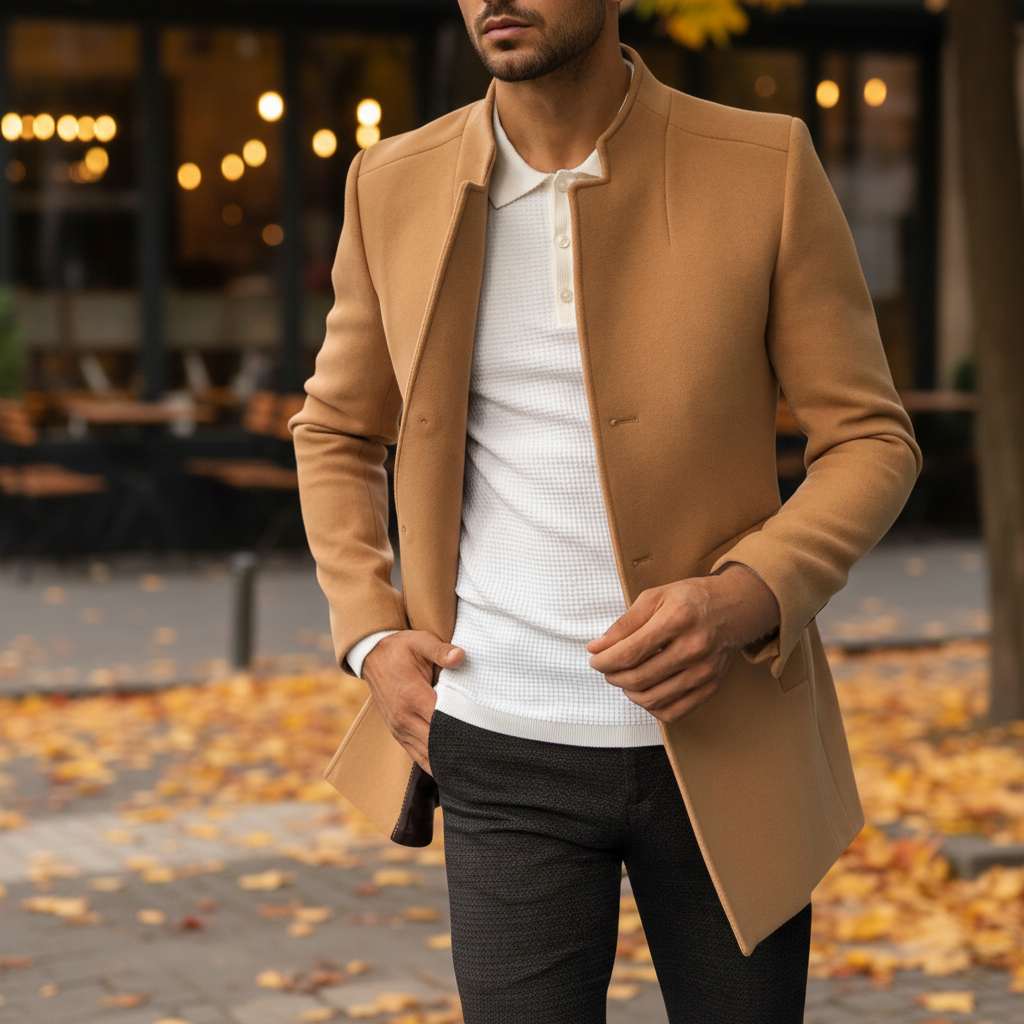 Men's Wool Blend Mandarin Collar Overcoat