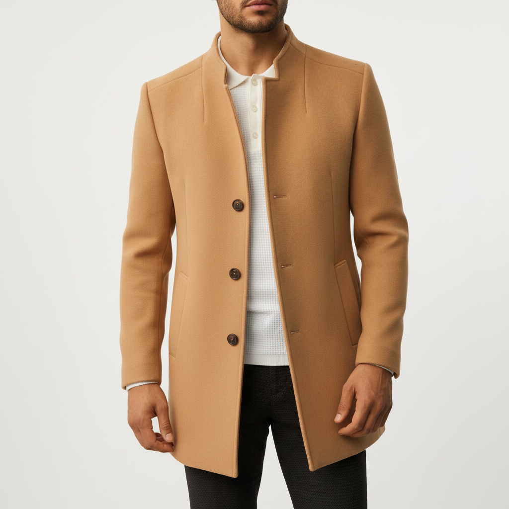 Men's Wool Blend Mandarin Collar Overcoat