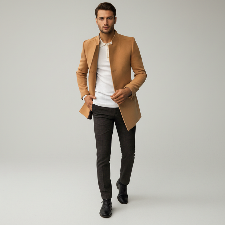 Men's Wool Blend Mandarin Collar Overcoat