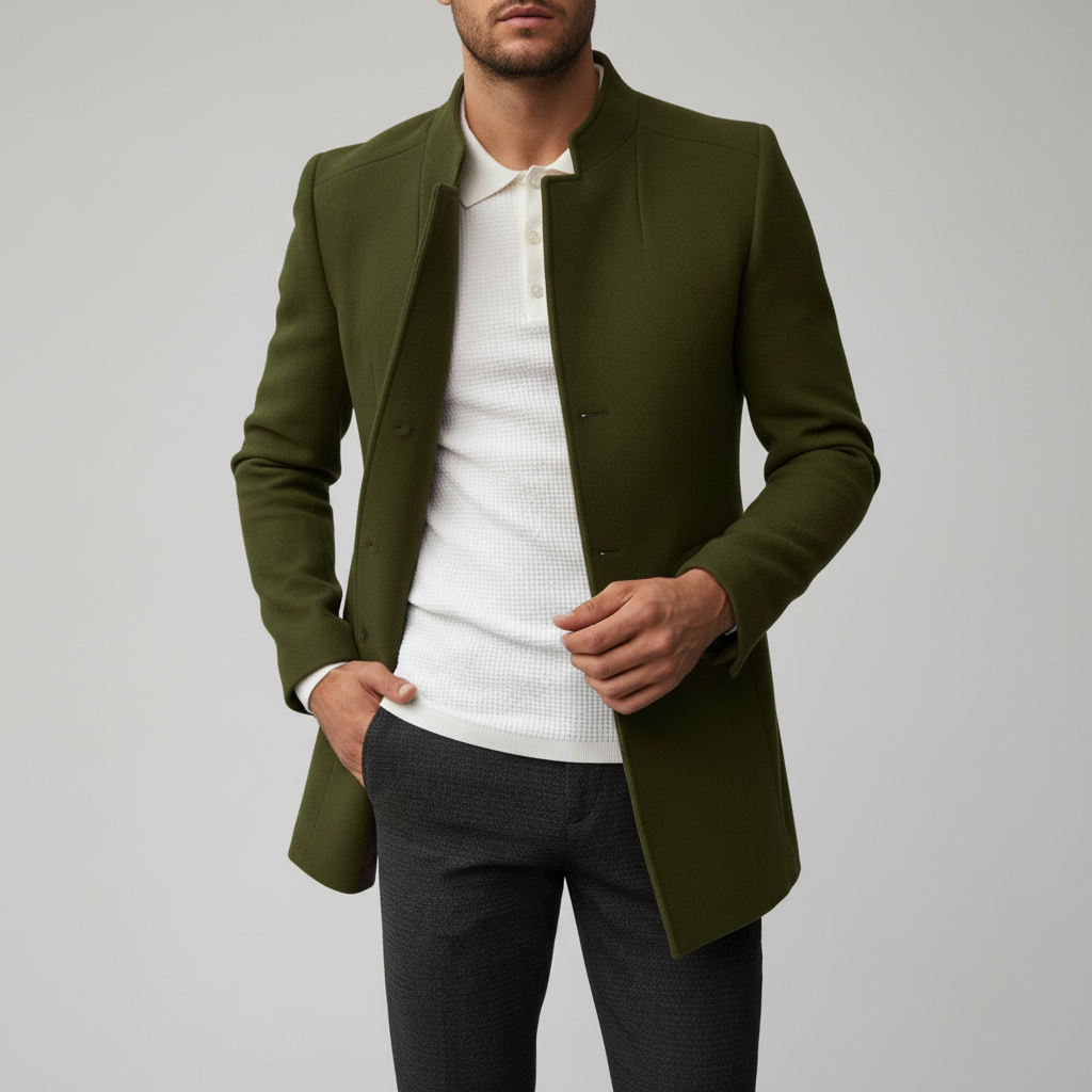 Men's Wool Blend Mandarin Collar Overcoat