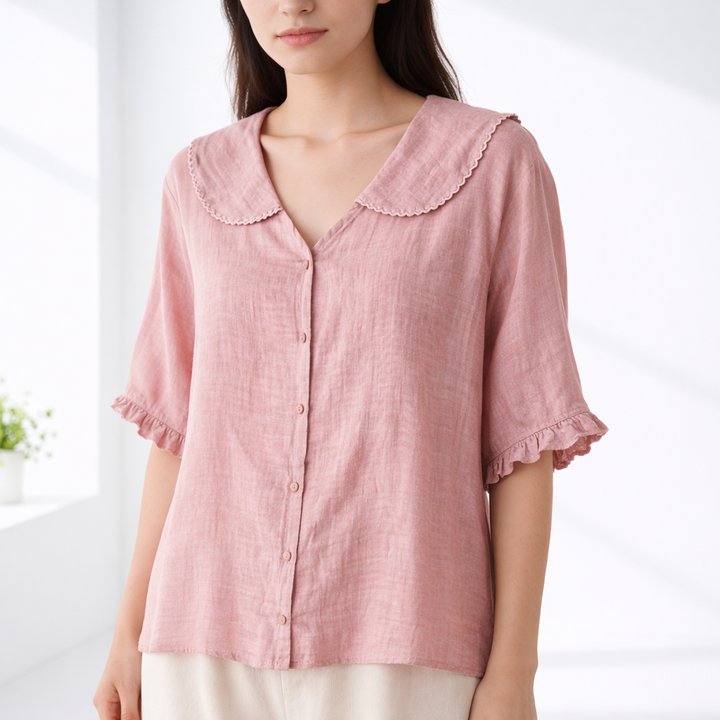 Women's Linen Blend Peter Pan Collar Short Sleeve Blouse Top