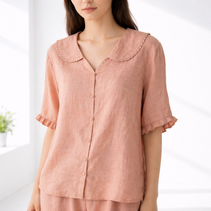 Women's Linen Blend Peter Pan Collar Short Sleeve Blouse Top