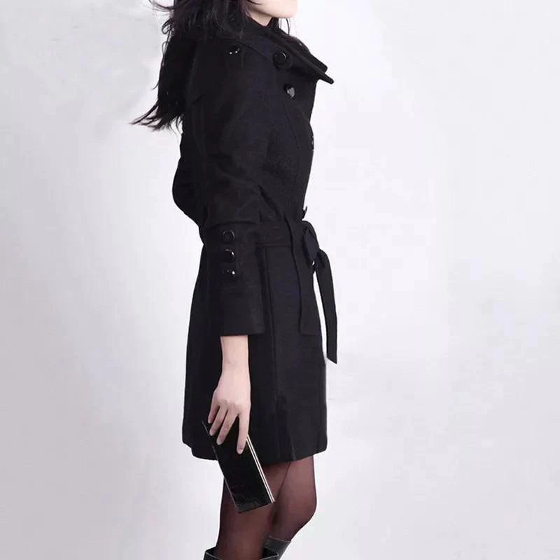 Women Wool Double Breasted Trench Coat Belted Overcoat