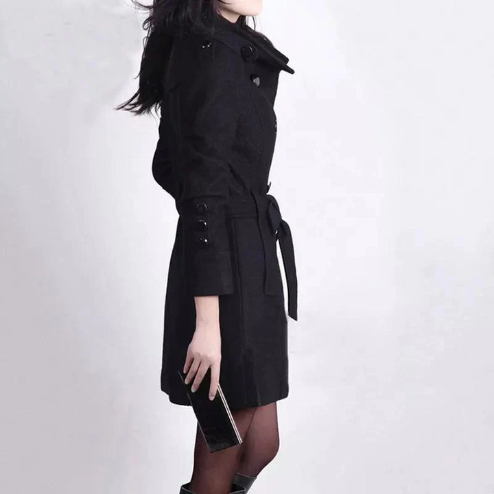 Women Wool Double Breasted Trench Coat Belted Overcoat