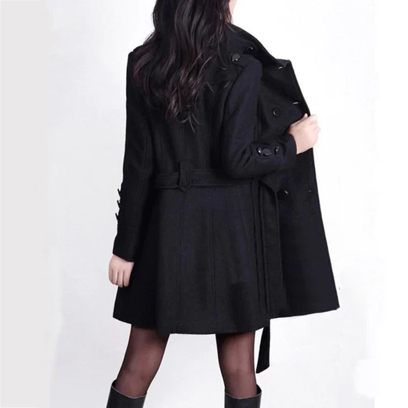 Women Wool Double Breasted Trench Coat Belted Overcoat