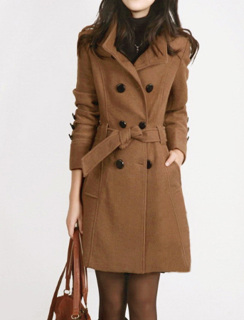 Women Wool Double Breasted Trench Coat Belted Overcoat