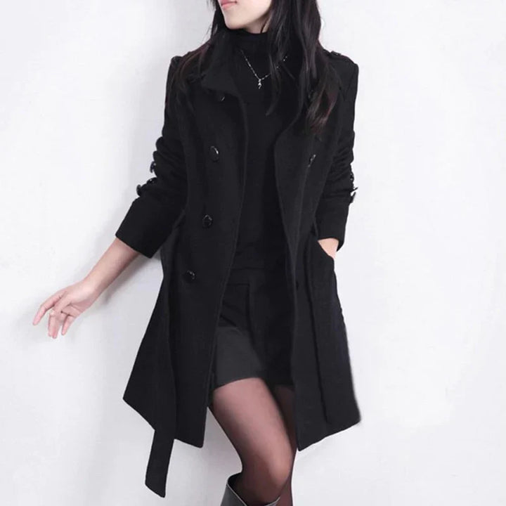 Women Wool Double Breasted Trench Coat Belted Overcoat