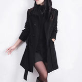 Women Wool Double Breasted Trench Coat Belted Overcoat