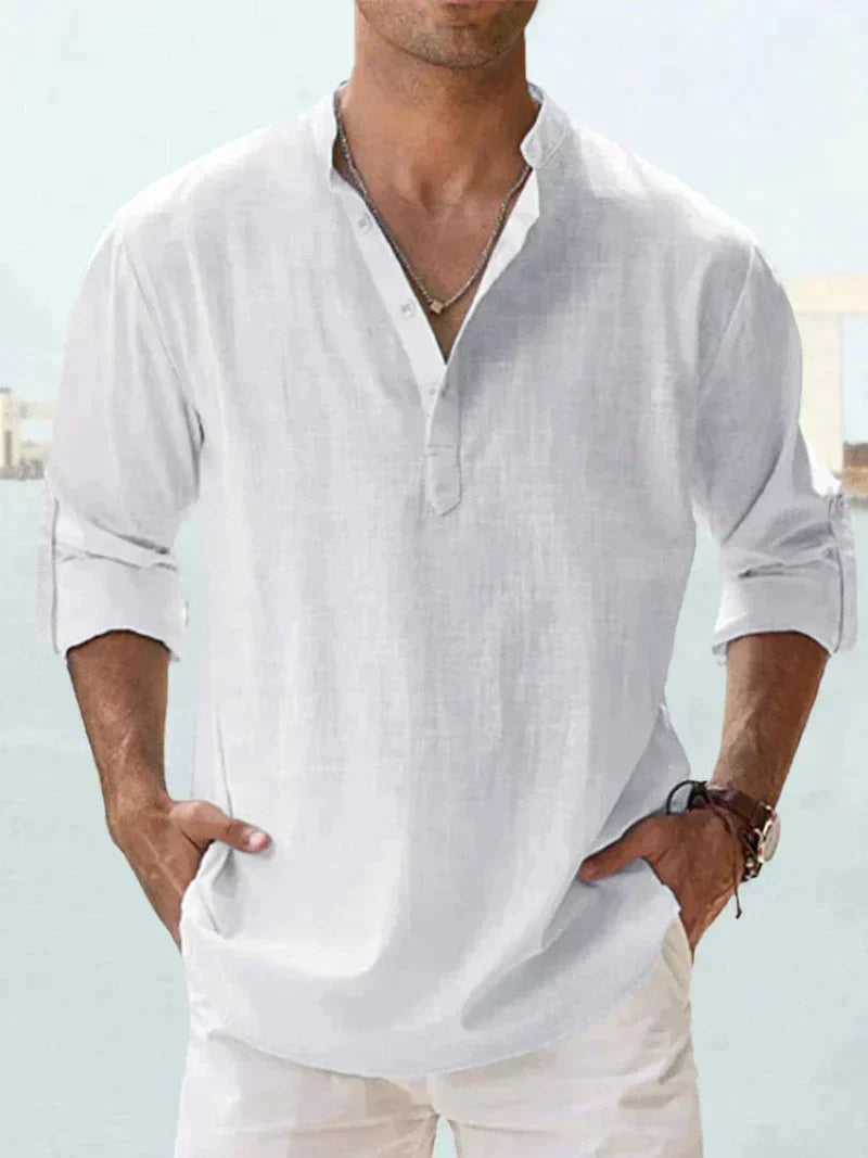 Men's Linen Henley Long Sleeve Relaxed Fit Shirt