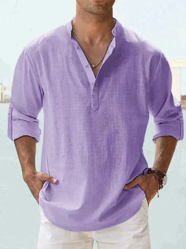Men's Linen Henley Long Sleeve Relaxed Fit Shirt