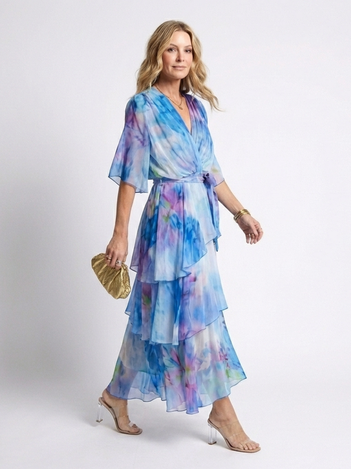 Women's Chiffon Floral Tiered Flutter Sleeve Maxi Dress