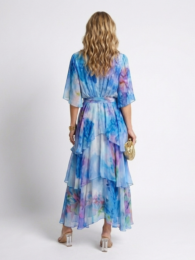 Women's Chiffon Floral Tiered Flutter Sleeve Maxi Dress