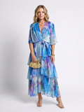 Women's Chiffon Floral Tiered Flutter Sleeve Maxi Dress