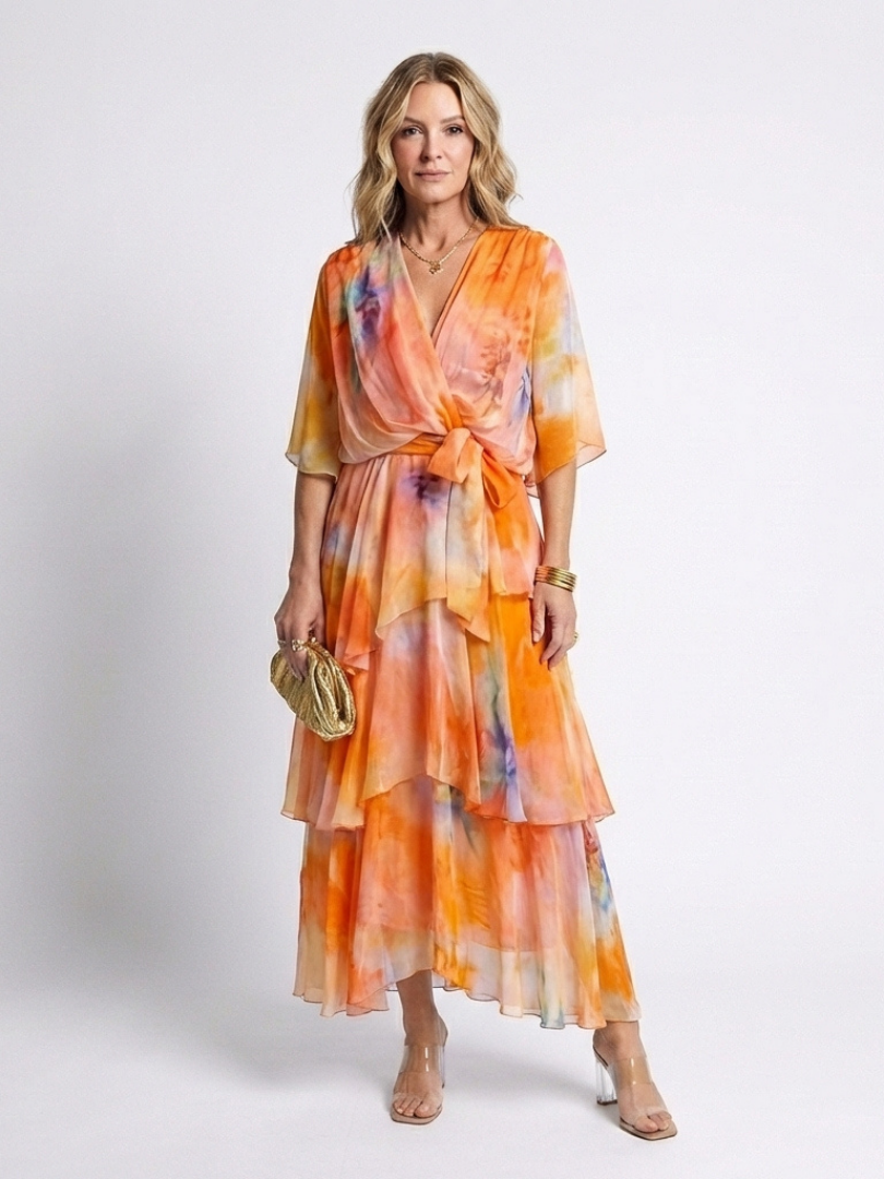 Women's Chiffon Floral Tiered Flutter Sleeve Maxi Dress