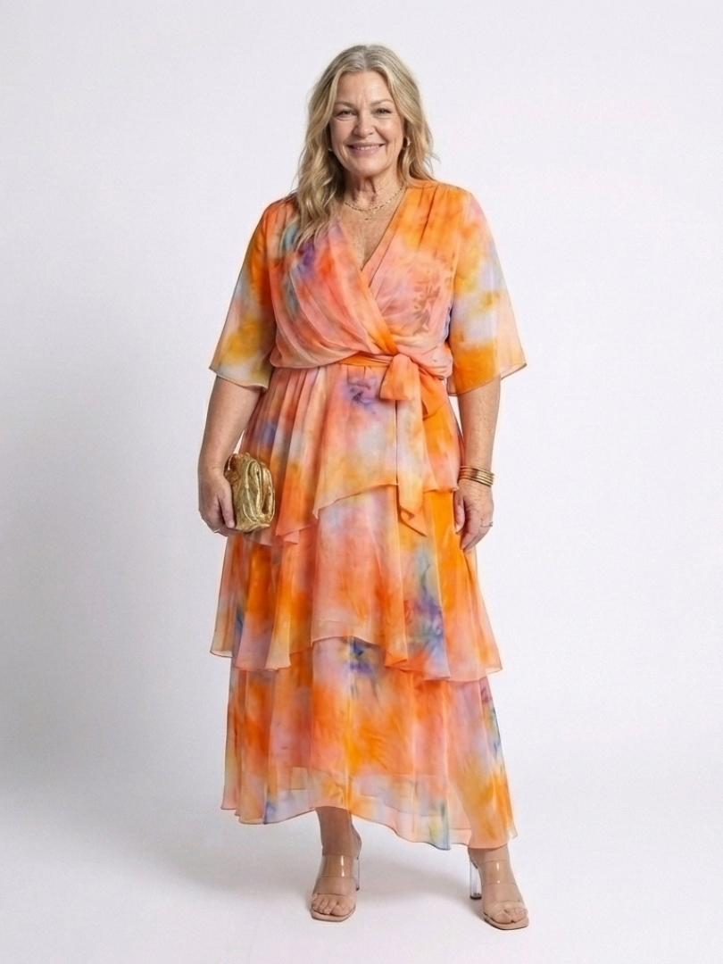 Women's Chiffon Floral Tiered Flutter Sleeve Maxi Dress