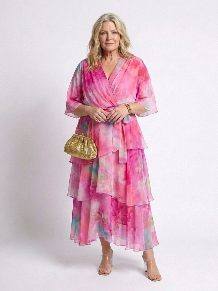 Women's Chiffon Floral Tiered Flutter Sleeve Maxi Dress