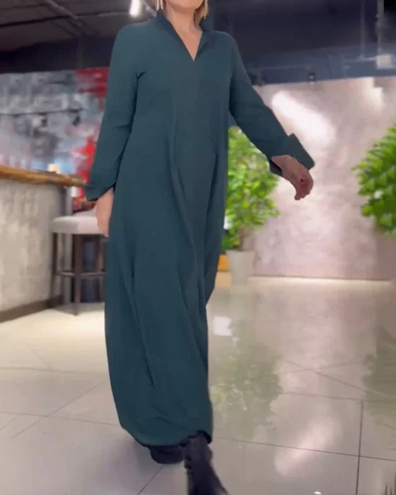 Women Linen Long Sleeve Loose Fit Casual Maxi Shirt Dress