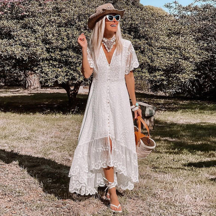 Women’s Linen Blend Lace Bohemian High-Low Maxi Dress