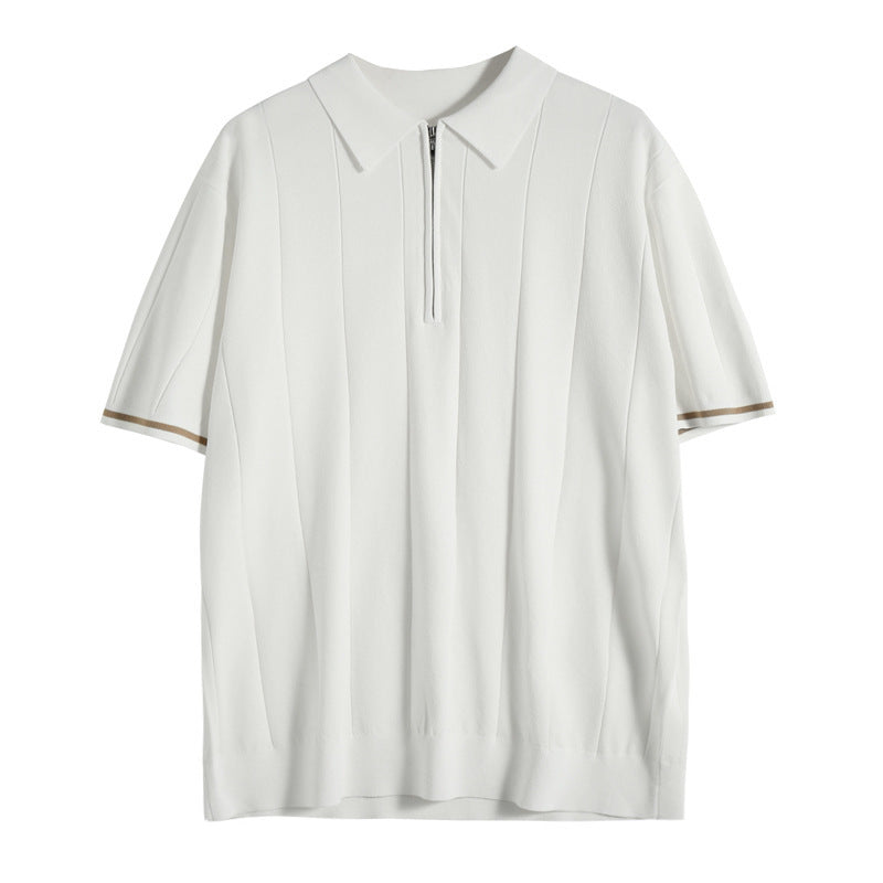 Pánské pletené polo tričko na zip s krátkým rukávem, slim fit, přes hlavu