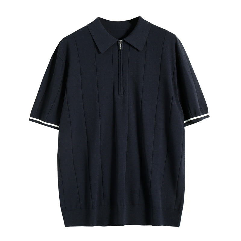 Pánské pletené polo tričko na zip s krátkým rukávem, slim fit, přes hlavu
