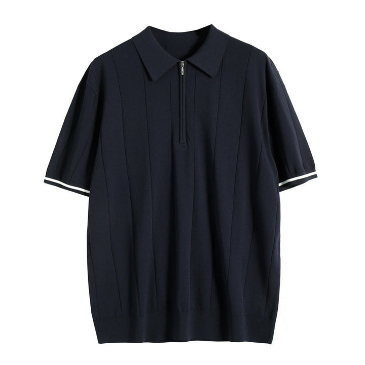 Pánské pletené polo tričko na zip s krátkým rukávem, slim fit, přes hlavu